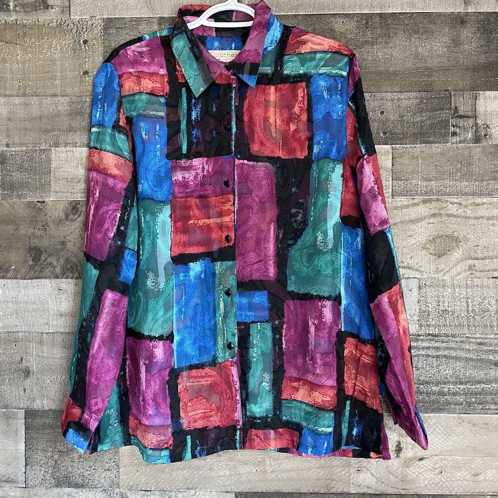Vtg Clothes Womens Button Front Shirt Size XL Semi Sheer Colorful Paisley Blocks